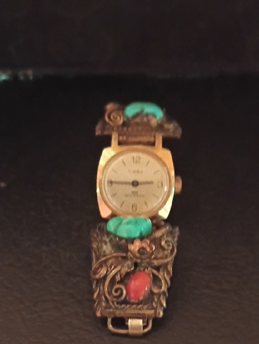 Timex Gold Tone Bracelet Watch with Turquoise and Coral Accents Stamped Sterling